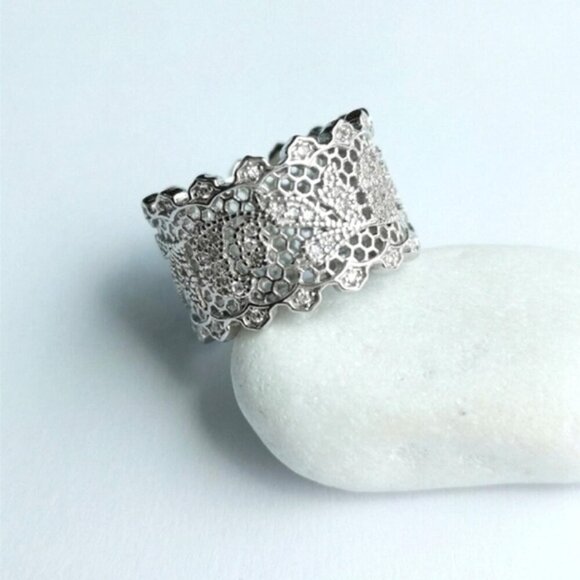 Filigree sterling silver cz wide band eternity band ring size 7.25 🆕 - Picture 1 of 5
